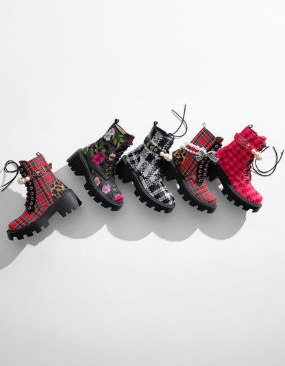 Betsey Johnson HARIETT RED PLAID Platform Lace-Up Lug Combat Pearl Women's Ankle Boot