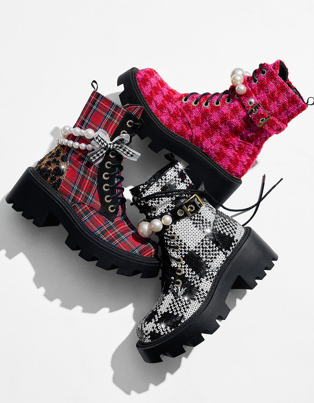 Betsey Johnson HARIETT RED PLAID Platform Lace-Up Lug Combat Pearl Women's Ankle Boot