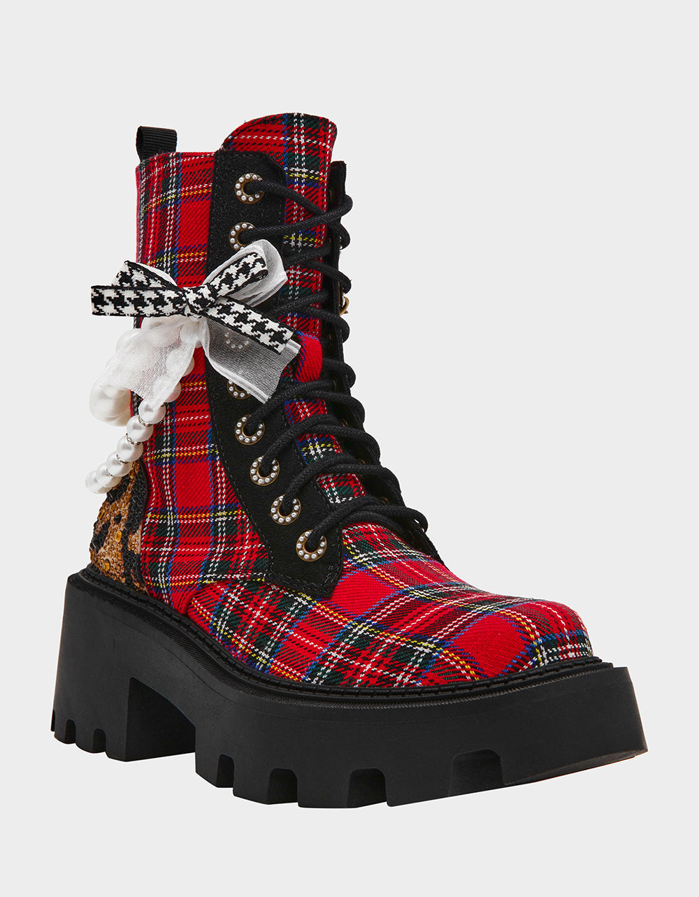 Betsey Johnson HARIETT RED PLAID Platform Lace-Up Lug Combat Pearl Women's Ankle Boot