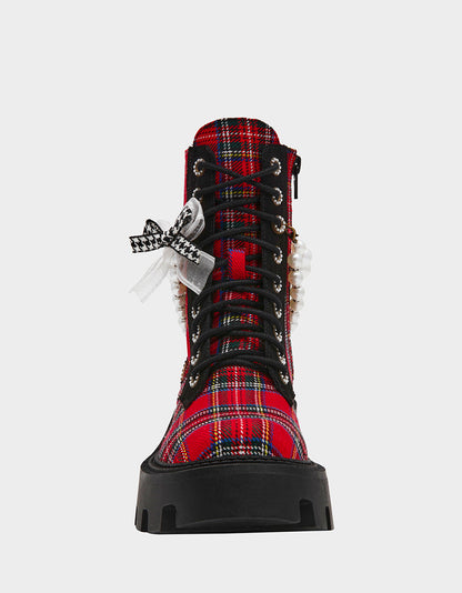 Betsey Johnson HARIETT RED PLAID Platform Lace-Up Lug Combat Pearl Women's Ankle Boot