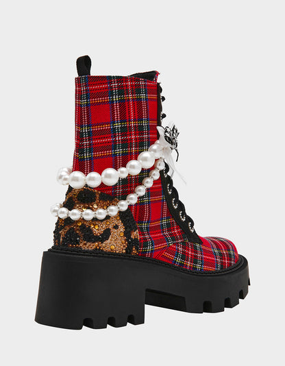 Betsey Johnson HARIETT RED PLAID Platform Lace-Up Lug Combat Pearl Women's Ankle Boot