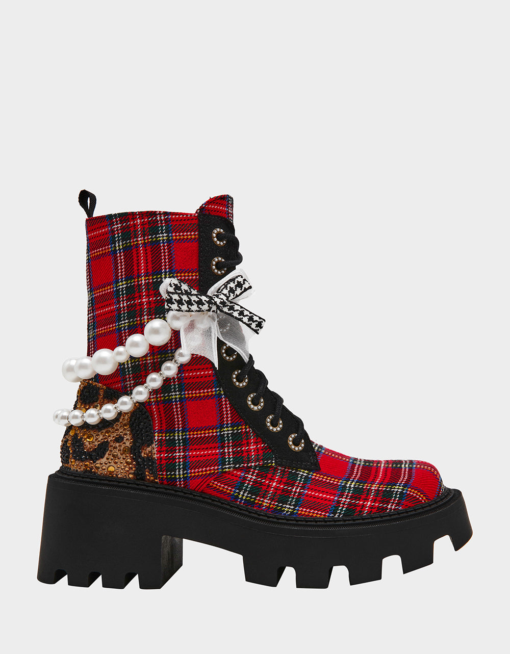 Betsey Johnson HARIETT RED PLAID Platform Lace-Up Lug Combat Pearl Women's Ankle Boot