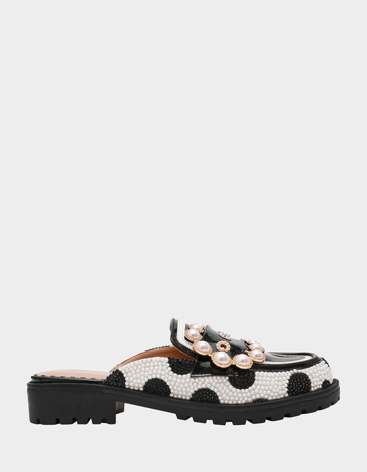 Betsey Johnson BARTON White/Black Polka Dot Mule Embellished Buckle Lug Women's Loafer