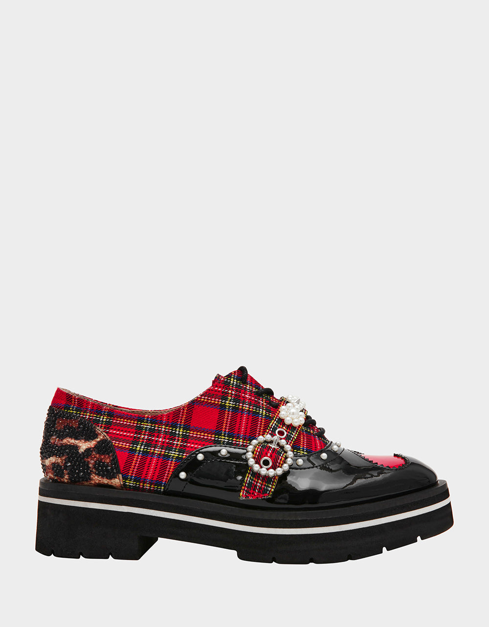 Betsey Johnson SIMONEE RED PLAID Platform Lace-Up Pearl Embellished Leopard Print Oxford Women's Loafer