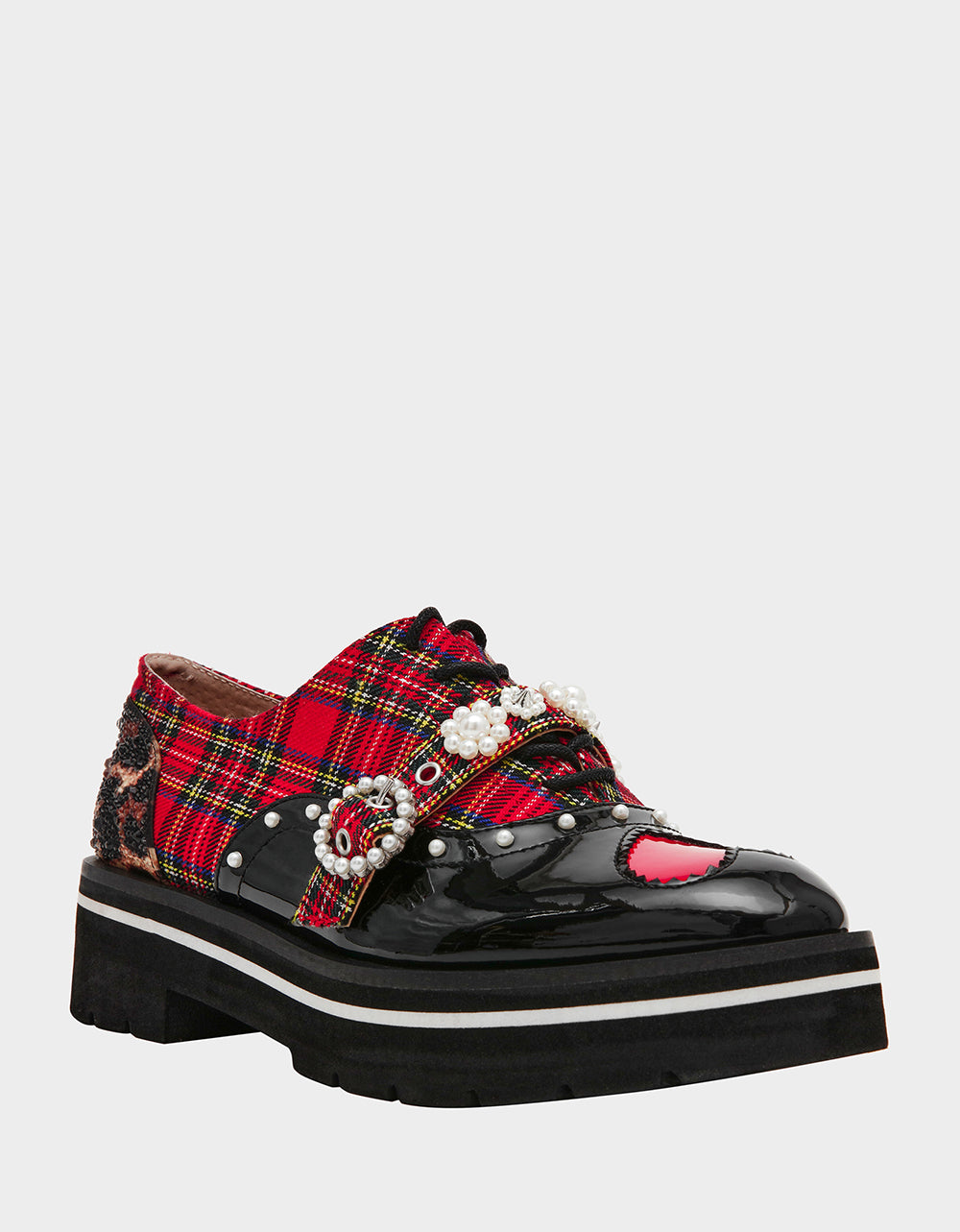 Betsey Johnson SIMONEE RED PLAID Platform Lace-Up Pearl Embellished Leopard Print Oxford Women's Loafer