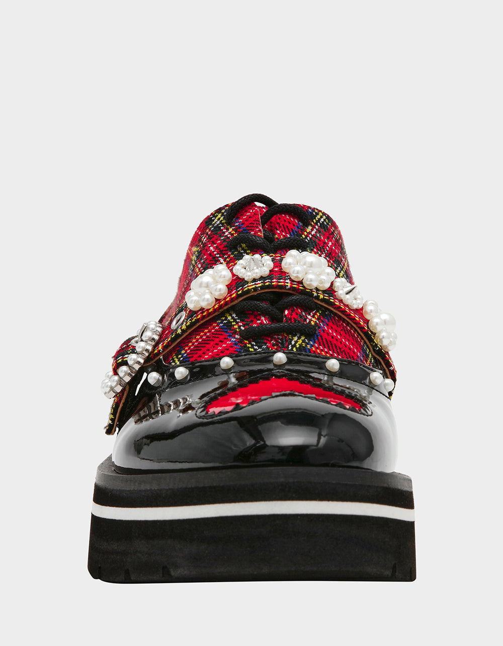 Betsey Johnson SIMONEE RED PLAID Platform Lace-Up Pearl Embellished Leopard Print Oxford Women's Loafer