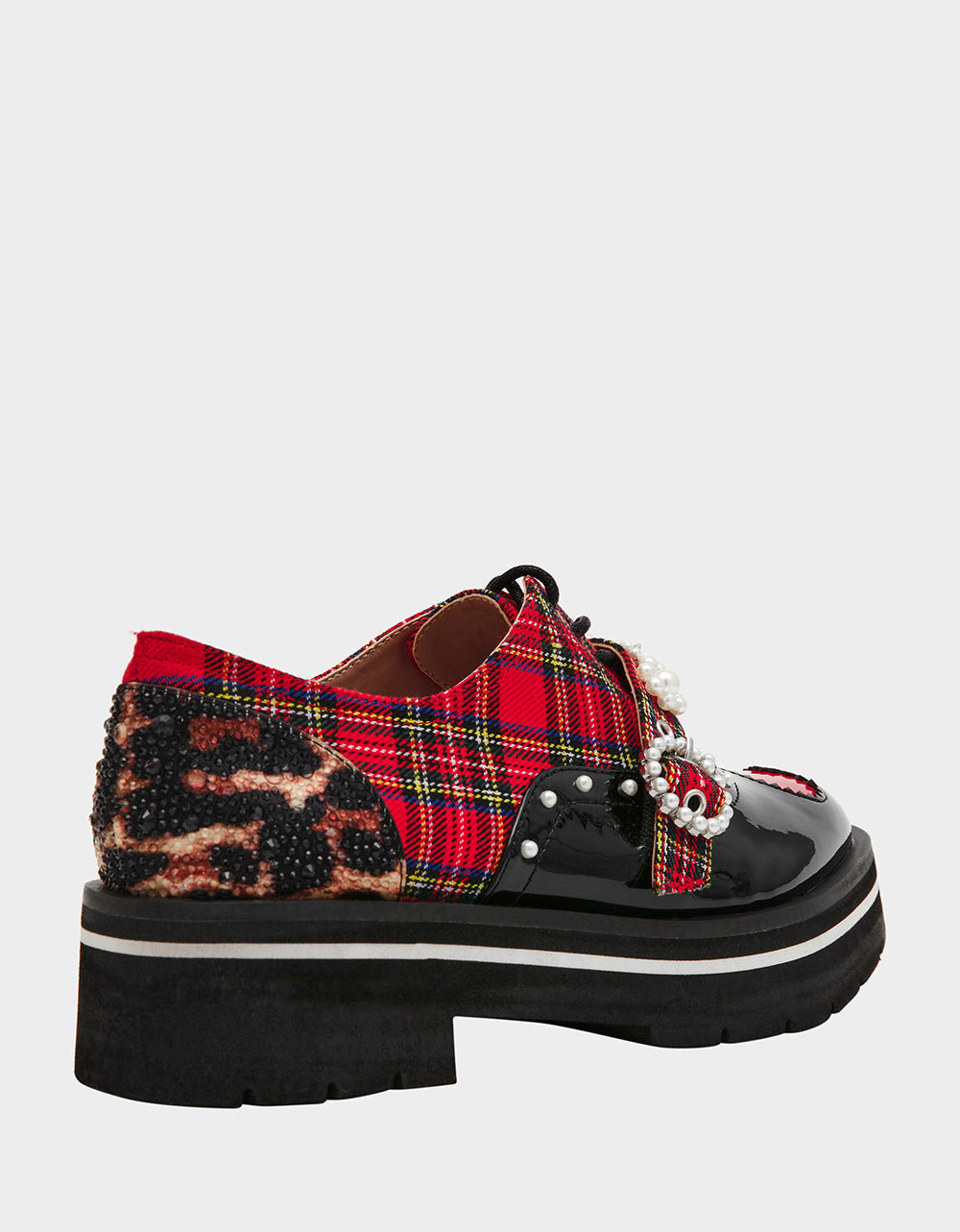 Betsey Johnson SIMONEE RED PLAID Platform Lace-Up Pearl Embellished Leopard Print Oxford Women's Loafer
