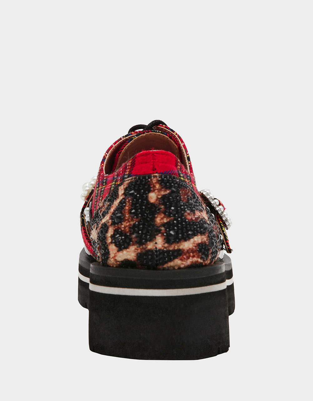 Betsey Johnson SIMONEE RED PLAID Platform Lace-Up Pearl Embellished Leopard Print Oxford Women's Loafer