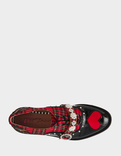 Betsey Johnson SIMONEE RED PLAID Platform Lace-Up Pearl Embellished Leopard Print Oxford Women's Loafer