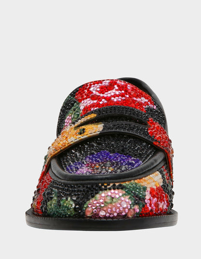 Betsey Johnson CANNE BLACK FLOWER MULTI Slip-On Embellished Rhinestone Women's Loafer