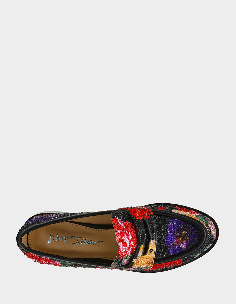 Betsey Johnson CANNE BLACK FLOWER MULTI Slip-On Embellished Rhinestone Women's Loafer