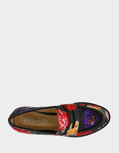 Betsey Johnson CANNE BLACK FLOWER MULTI Slip-On Embellished Rhinestone Women's Loafer