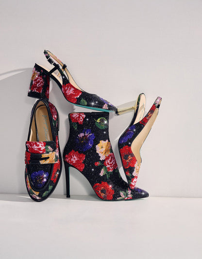 Betsey Johnson CANNE BLACK FLOWER MULTI Slip-On Embellished Rhinestone Women's Loafer