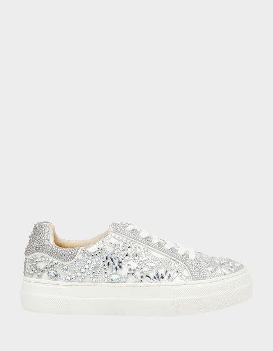 Betsey Johnson REILY WHITE Platform Low-Top Lace-Up Rhinestone Women's Sneaker