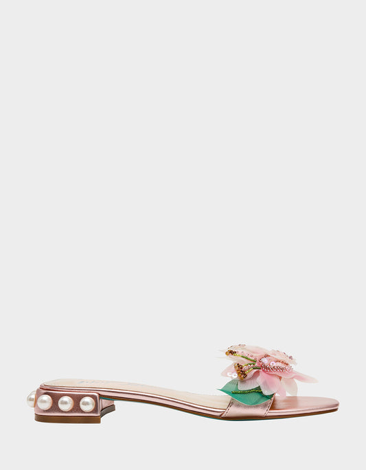 Betsey Johnson ROSIA Light Pink Flower Embellished Pearl Square-Toe Women's Block Heel