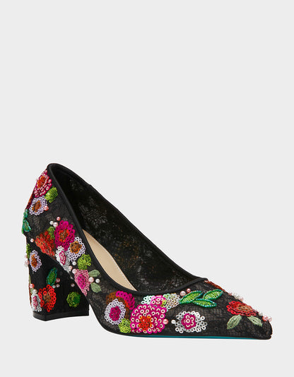 Betsey Johnson CYRUS Black Floral Pointed-Toe Sequin Embellished Women's Heel