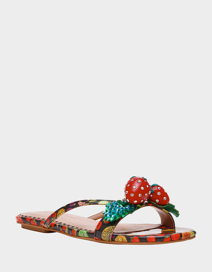Betsey Johnson GARRIK BLACK MULTI Women's Thong Strappy Fruit Printed Sandal