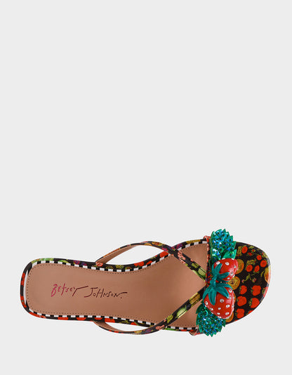 Betsey Johnson GARRIK BLACK MULTI Women's Thong Strappy Fruit Printed Sandal