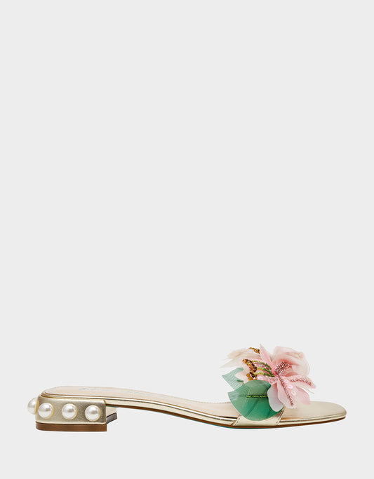 Betsey Johnson ROSIA Light Gold Flower Embellished Pearl Square-Toe Women's Block Heel