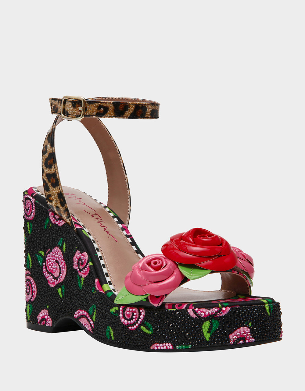 Betsey Johnson LIZZETE Black Rose Platform Flowers Embellished Women's Wedge Heel