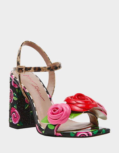 Betsey Johnson KRYSTLE Black Rose Flower Embellished Women's Block Heel