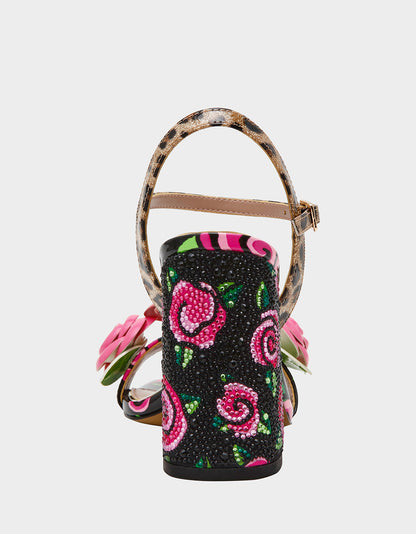 Betsey Johnson KRYSTLE Black Rose Flower Embellished Women's Block Heel