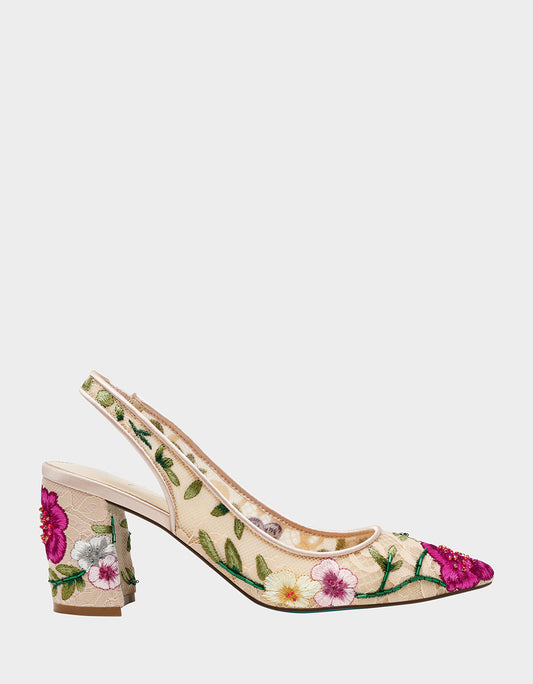 Betsey Johnson LIRA BLUSH MULTI FLORAL Pointed-Toe Slingback Mesh Women's Heel