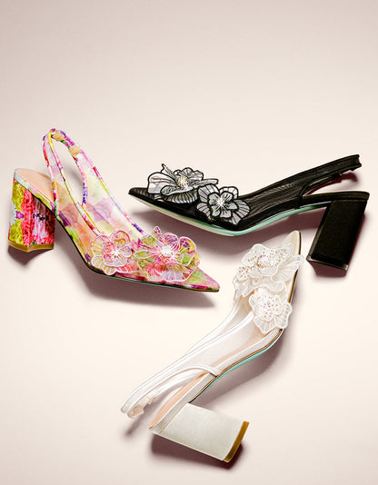 Betsey Johnson PETRA IVORY Slingback Floral Mesh Block Heel
