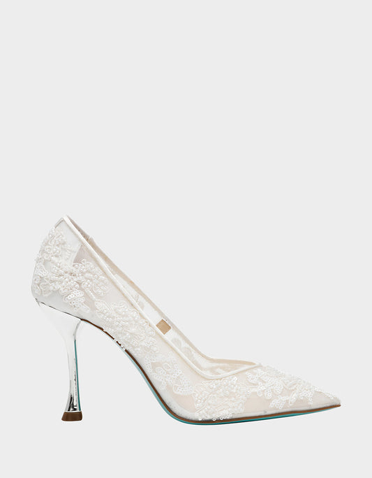 Betsey Johnson JENII IVORY Pointed-Toe Mesh Embellished Floral Print Pump Women's Heel