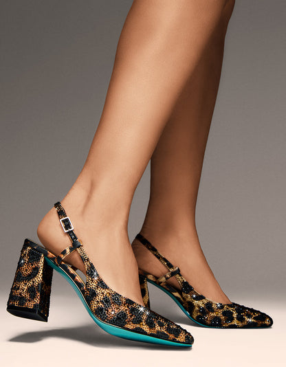 Betsey Johnson ELIAS LEOPARD Square-Toe Slingback Block Heels