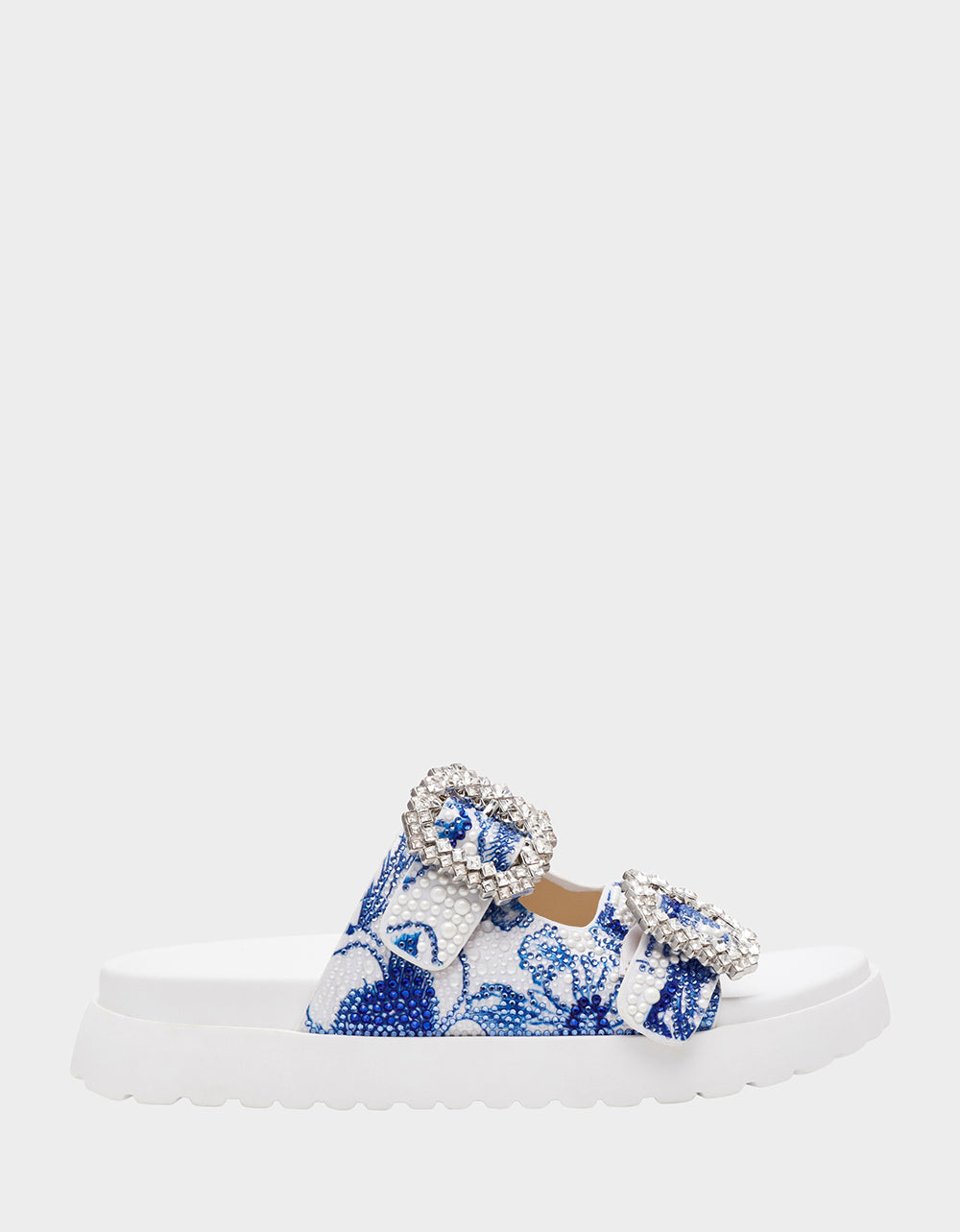 Betsey Johnson MATIE WHITE BLUE FLORAL Women's Footbed Slip-On Floral Rhinestone Sandal