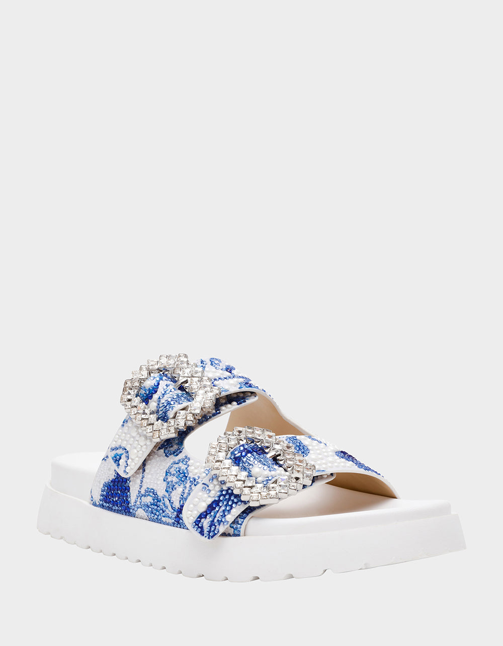 Betsey Johnson MATIE WHITE BLUE FLORAL Women's Footbed Slip-On Floral Rhinestone Sandal