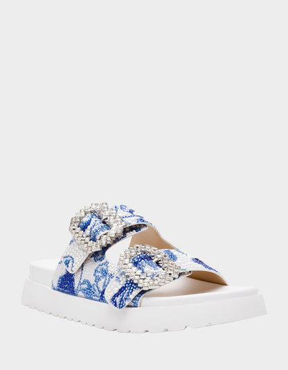 Betsey Johnson MATIE WHITE BLUE FLORAL Women's Footbed Slip-On Floral Rhinestone Sandal