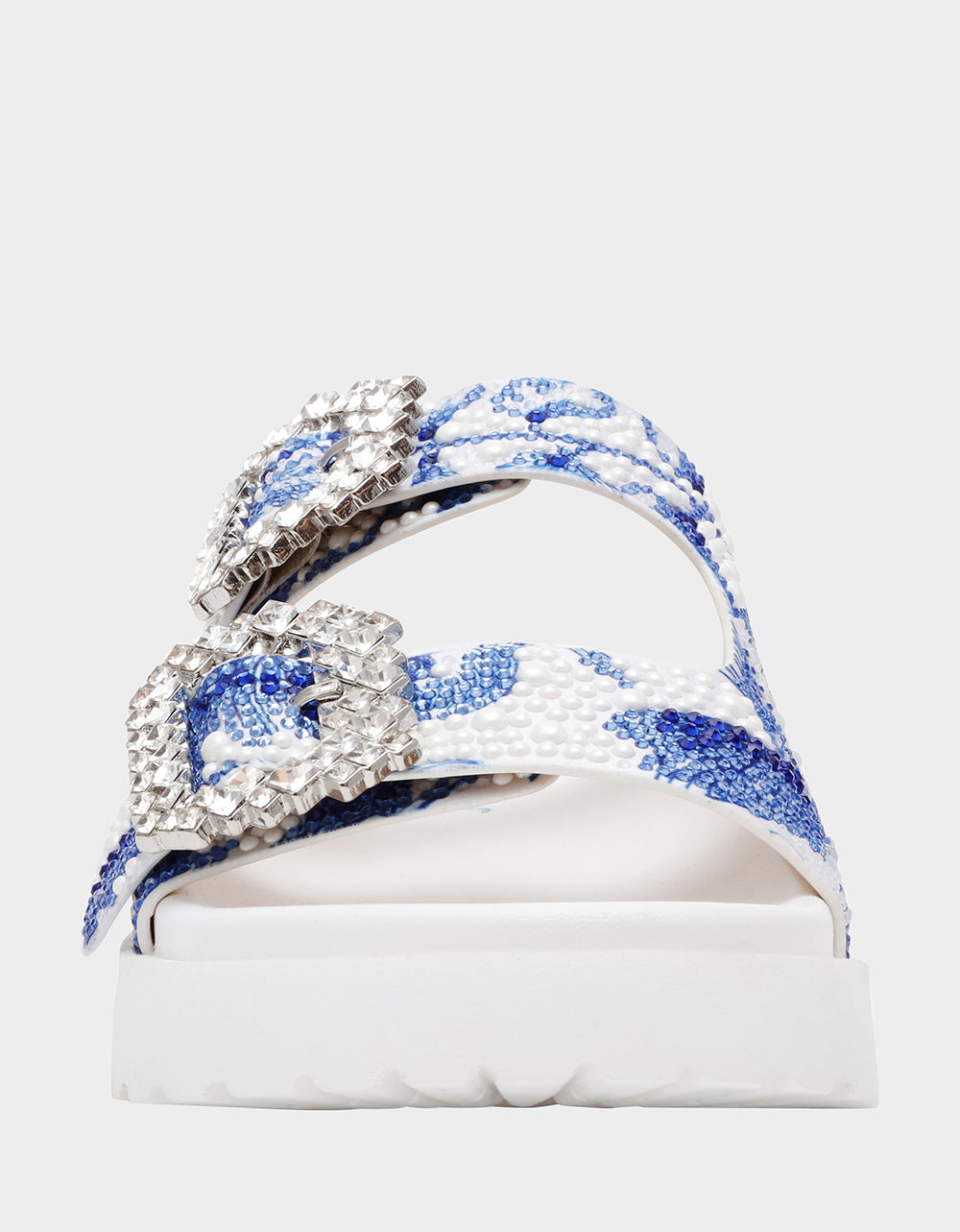 Betsey Johnson MATIE WHITE BLUE FLORAL Women's Footbed Slip-On Floral Rhinestone Sandal