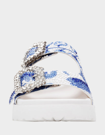 Betsey Johnson MATIE WHITE BLUE FLORAL Women's Footbed Slip-On Floral Rhinestone Sandal