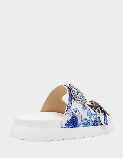 Betsey Johnson MATIE WHITE BLUE FLORAL Women's Footbed Slip-On Floral Rhinestone Sandal