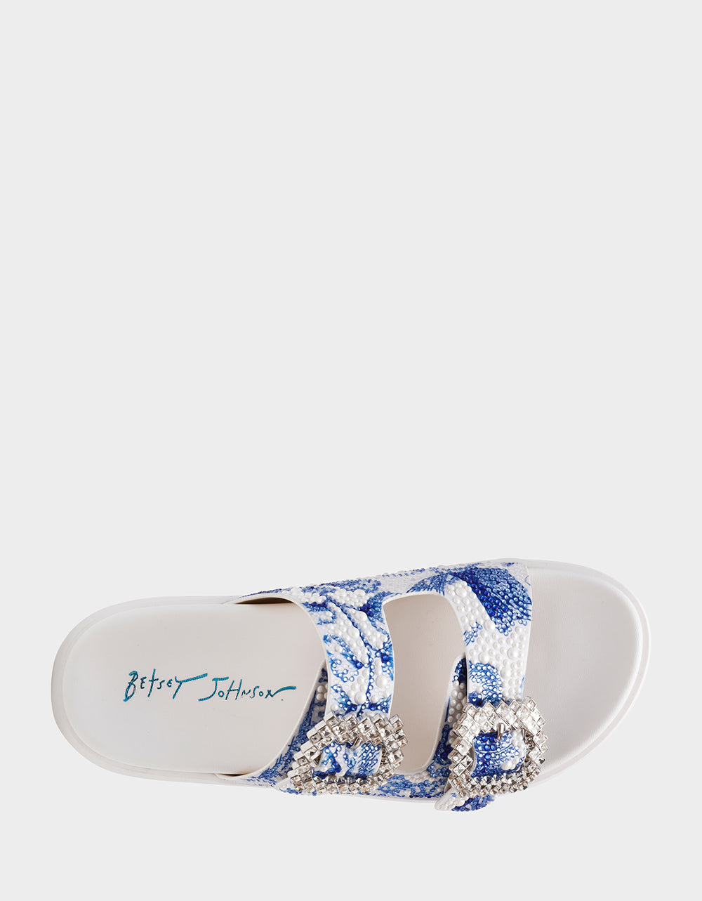Betsey Johnson MATIE WHITE BLUE FLORAL Women's Footbed Slip-On Floral Rhinestone Sandal
