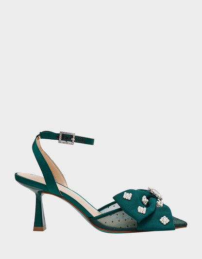Betsey Johnson MARK EMERALD Pointed-Toe Mesh Pump Rhinestone Bow Women's Heel