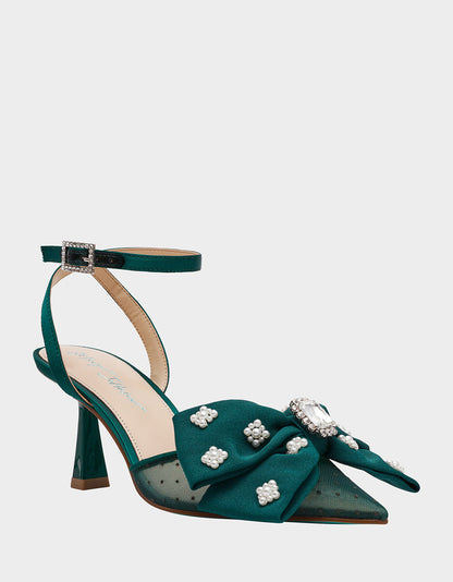Betsey Johnson MARK EMERALD Pointed-Toe Mesh Pump Rhinestone Bow Women's Heel