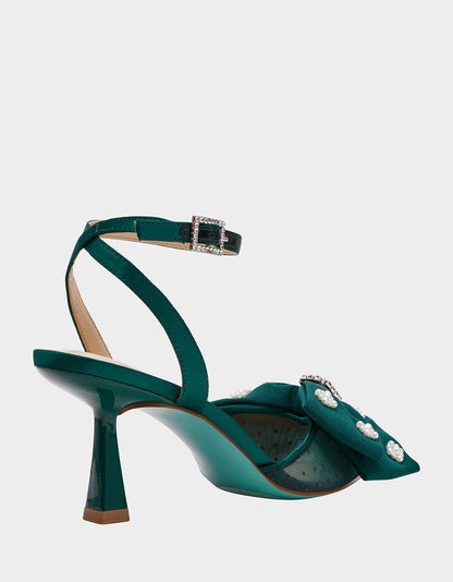 Betsey Johnson MARK EMERALD Pointed-Toe Mesh Pump Rhinestone Bow Women's Heel
