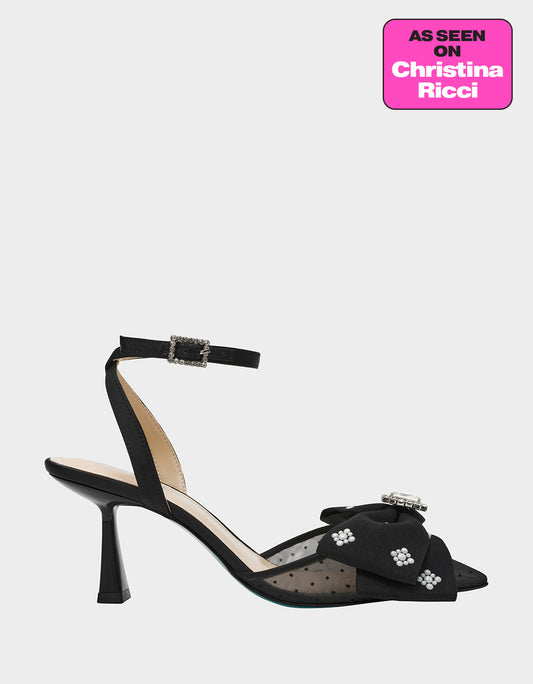 Betsey Johnson MARK BLACK Pointed-Toe Mesh Pump Rhinestone Bow Women's Heel