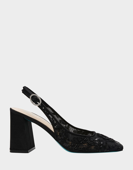 Betsey Johnson NINAH BLACK Square-Toe Slingback Mesh Block Heels