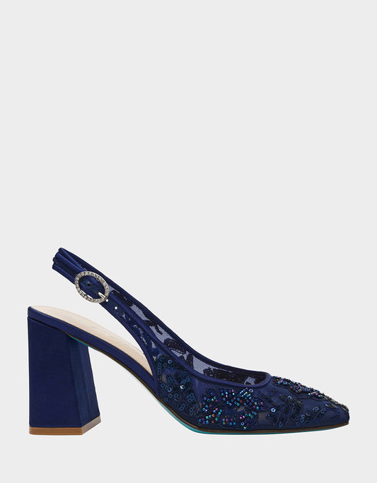 Betsey Johnson NINAH NAVY Square-Toe Slingback Mesh Block Heels