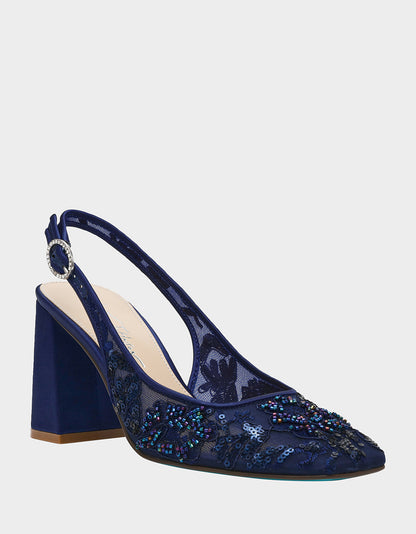 Betsey Johnson NINAH NAVY Square-Toe Slingback Mesh Block Heels