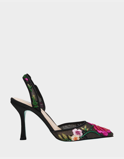 Betsey Johnson APRIL BLACK MULTI FLORAL Pointed-Toe Slingback Pump Heels