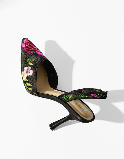 Betsey Johnson APRIL BLACK MULTI FLORAL Pointed-Toe Slingback Pump Heels