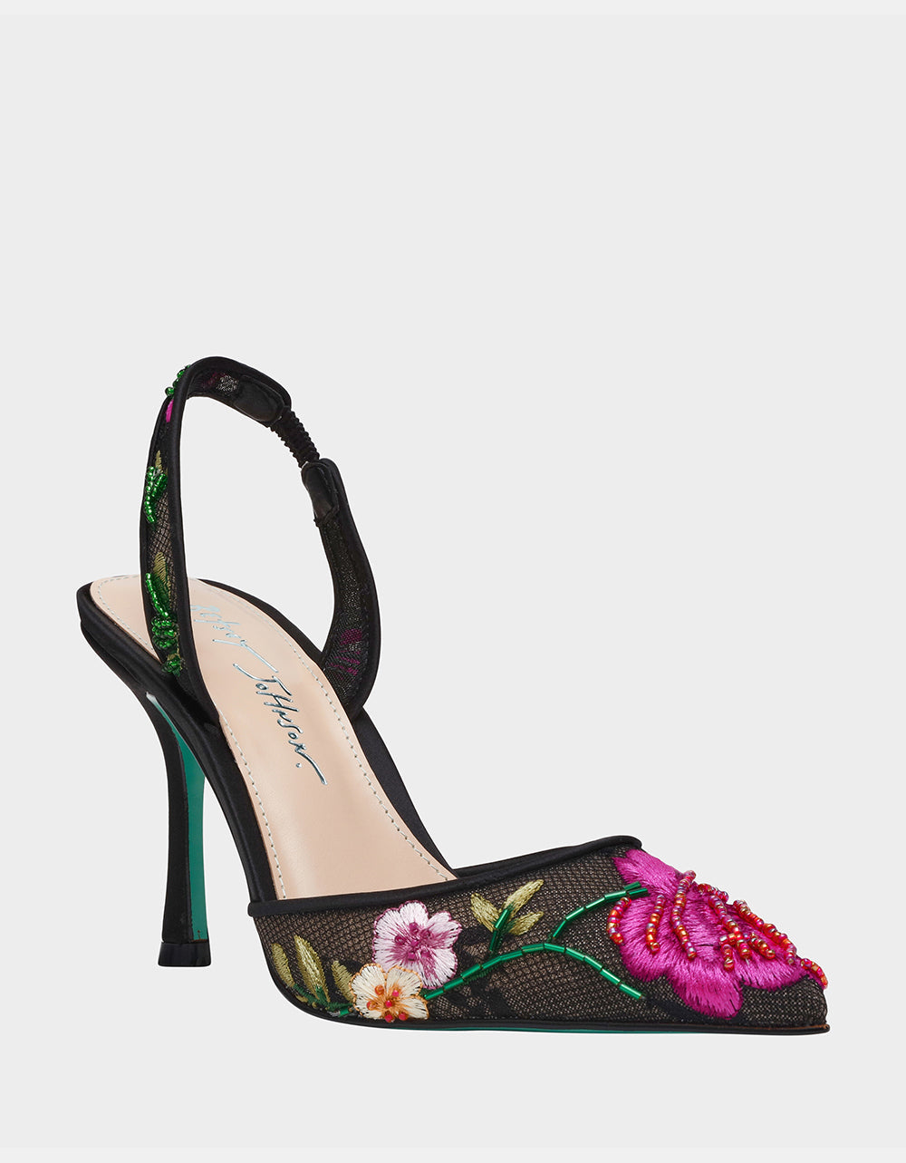 Betsey Johnson APRIL BLACK MULTI FLORAL Pointed-Toe Slingback Pump Heels