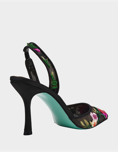 Betsey Johnson APRIL BLACK MULTI FLORAL Pointed-Toe Slingback Pump Heels