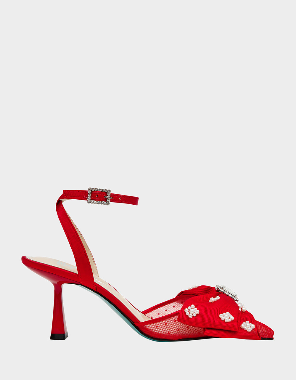 Betsey Johnson MARK RED Pointed-Toe Mesh Pump Rhinestone Bow Women's Heel