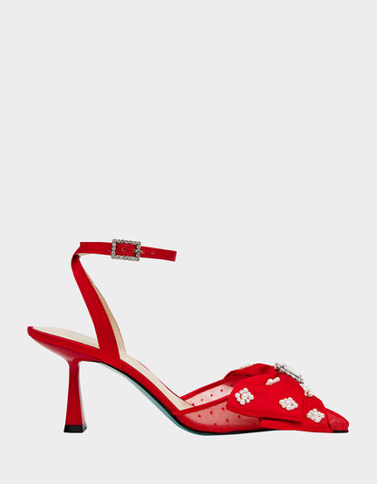 Betsey Johnson MARK RED Pointed-Toe Mesh Pump Rhinestone Bow Women's Heel
